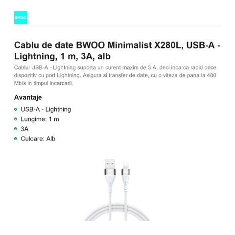 Cablu de date BWOO Minimalist X280L, USB-A - Lightning, 1 m, 3A, alb [1]