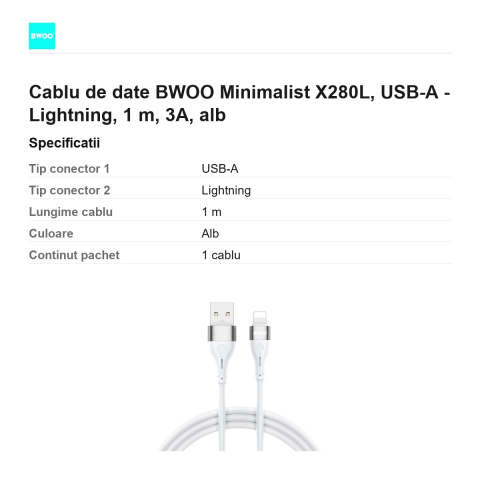 Cablu de date BWOO Minimalist X280L, USB-A - Lightning, 1 m, 3A, alb [2]