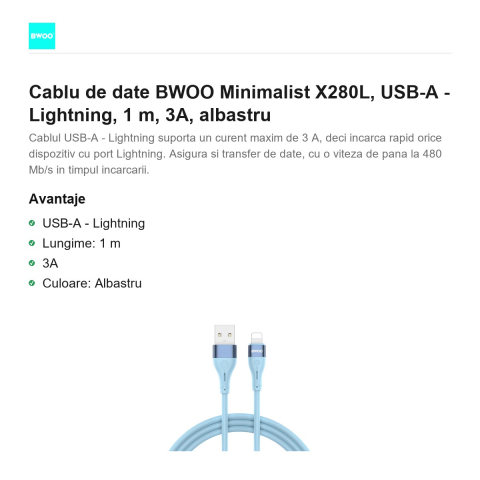 Cablu de date BWOO Minimalist X280L, USB-A - Lightning, 1 m, 3A, albastru [1]