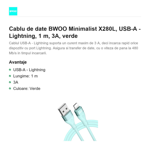 Cablu de date BWOO Minimalist X280L, USB-A - Lightning, 1 m, 3A, verde [1]