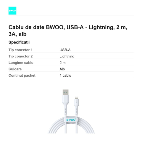 Cablu de date BWOO, USB-A - Lightning, 2 m, 3A, alb [2]