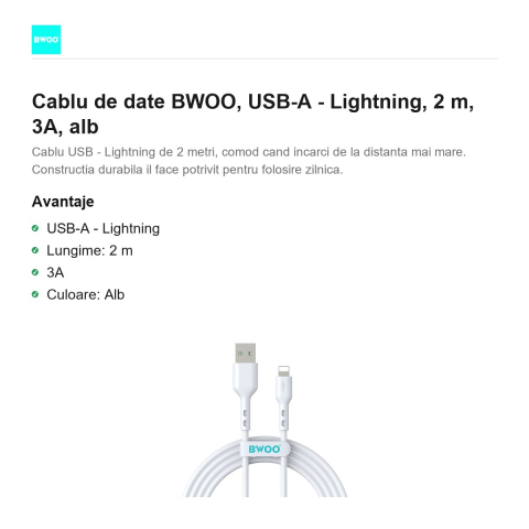 Cablu de date BWOO, USB-A - Lightning, 2 m, 3A, alb [1]