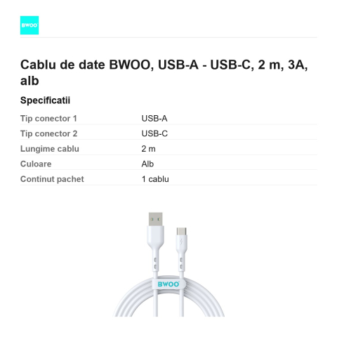 Cablu de date BWOO, USB-A - USB-C, 2 m, 3A, alb [2]