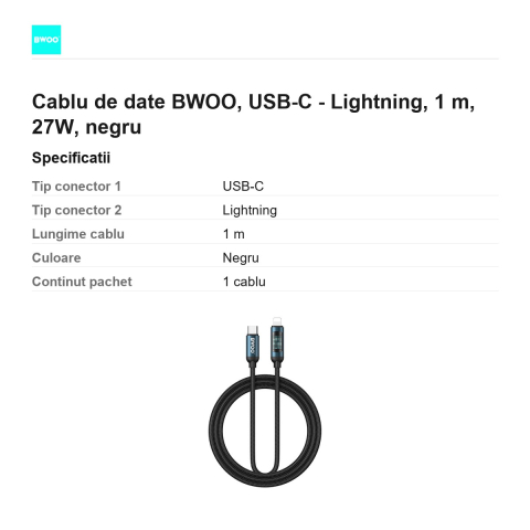 Cablu de date BWOO, USB-C - Lightning, 1 m, 27W, negru [2]