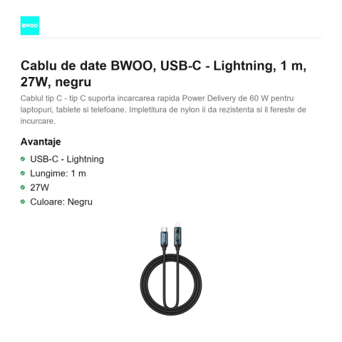 Cablu de date BWOO, USB-C - Lightning, 1 m, 27W, negru [1]