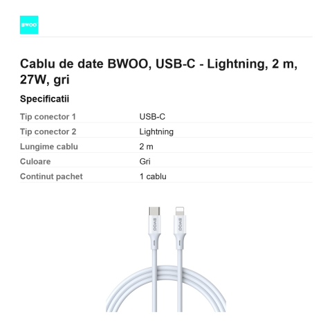 Cablu de date BWOO, USB-C - Lightning, 2 m, 27W, gri [2]