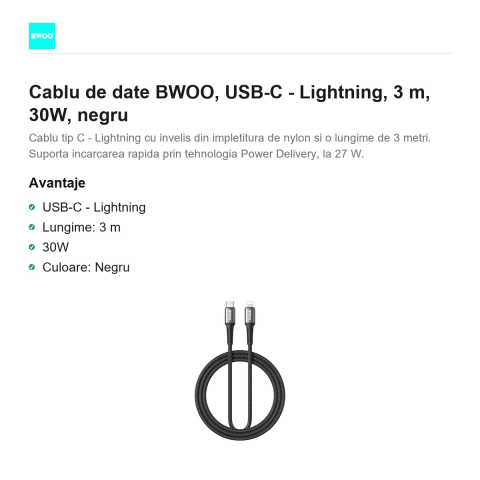 Cablu de date BWOO, USB-C - Lightning, 3 m, 30W, negru [1]