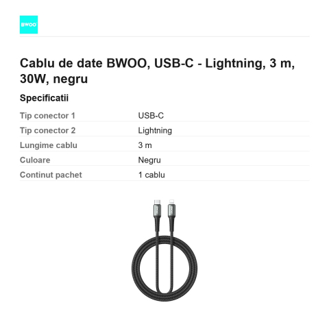 Cablu de date BWOO, USB-C - Lightning, 3 m, 30W, negru [2]