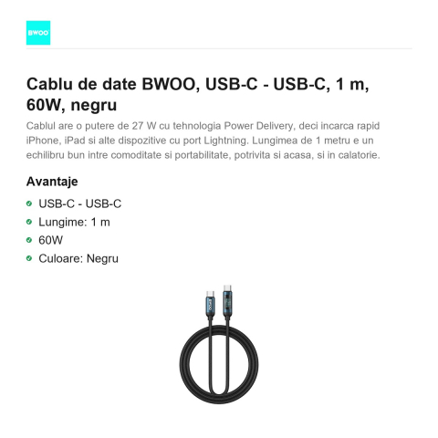 Cablu de date BWOO, USB-C - USB-C, 1 m, 60W, negru [1]