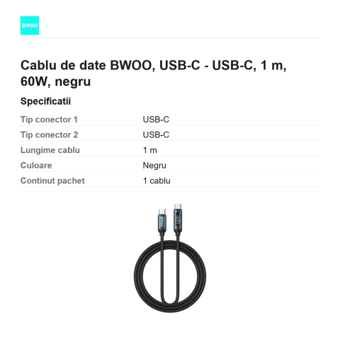 Cablu de date BWOO, USB-C - USB-C, 1 m, 60W, negru [2]