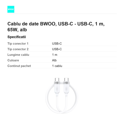 Cablu de date BWOO, USB-C - USB-C, 1 m, 65W, alb [2]