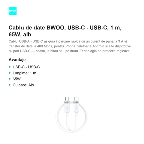Cablu de date BWOO, USB-C - USB-C, 1 m, 65W, alb [1]