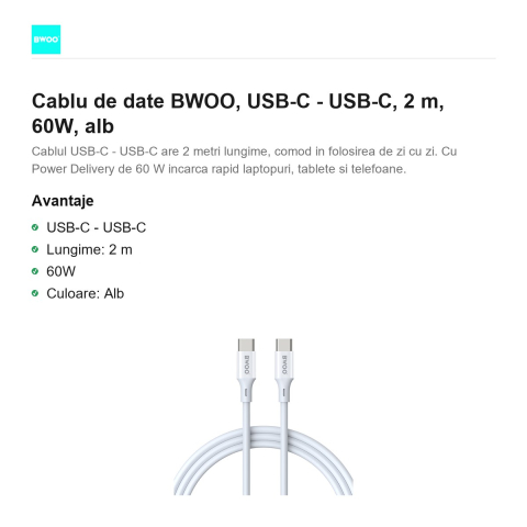 Cablu de date BWOO, USB-C - USB-C, 2 m, 60W, alb [1]
