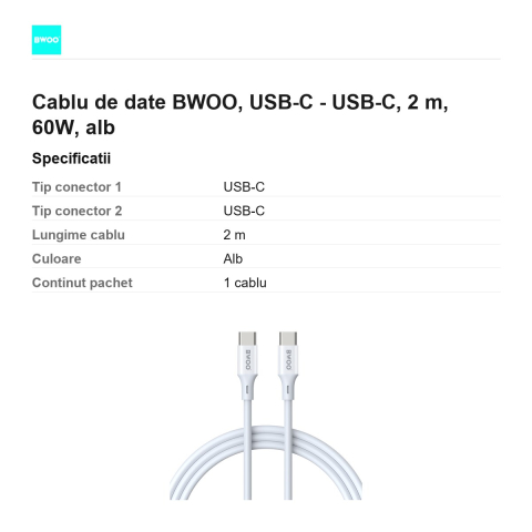 Cablu de date BWOO, USB-C - USB-C, 2 m, 60W, alb [2]