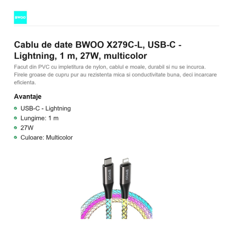 Cablu de date BWOO X279C-L, USB-C - Lightning, 1 m, 27W, multicolor [1]