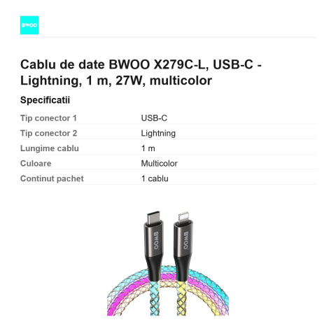 Cablu de date BWOO X279C-L, USB-C - Lightning, 1 m, 27W, multicolor [2]