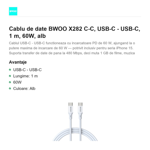 Cablu de date BWOO X282 C-C, USB-C - USB-C, 1 m, 60W, alb [1]