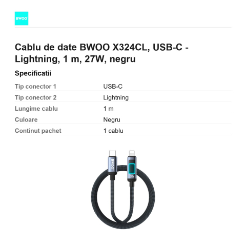 Cablu de date BWOO X324CL, USB-C - Lightning, 1 m, 27W, negru [2]