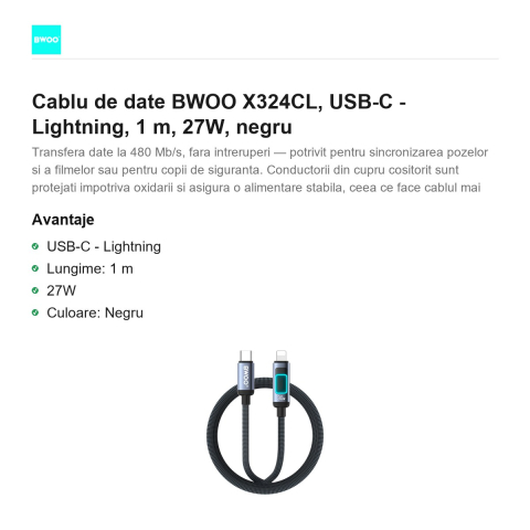 Cablu de date BWOO X324CL, USB-C - Lightning, 1 m, 27W, negru [1]
