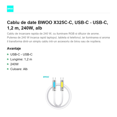 Cablu de date BWOO X325C-C, USB-C - USB-C, 1,2 m, 240W, alb [1]