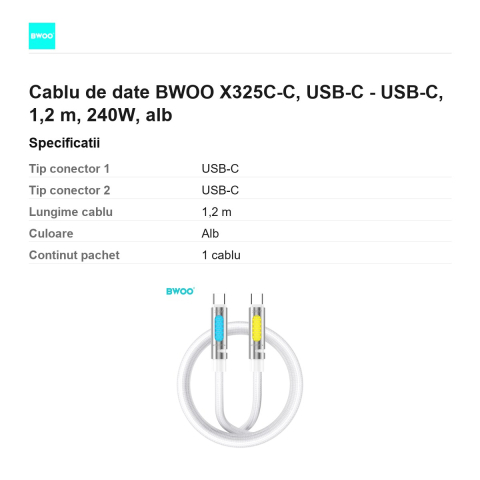 Cablu de date BWOO X325C-C, USB-C - USB-C, 1,2 m, 240W, alb [2]