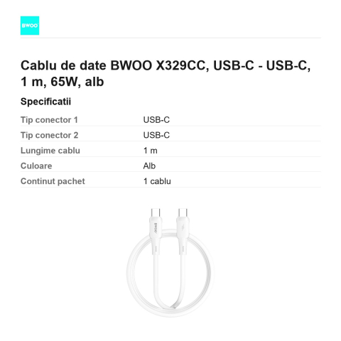 Cablu de date BWOO X329CC, USB-C - USB-C, 1 m, 65W, alb [2]