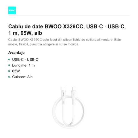 Cablu de date BWOO X329CC, USB-C - USB-C, 1 m, 65W, alb [1]