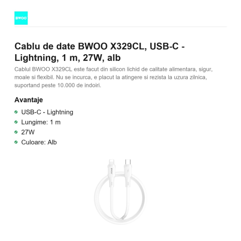Cablu de date BWOO X329CL, USB-C - Lightning, 1 m, 27W, alb [1]