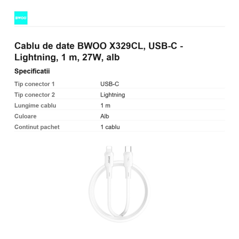 Cablu de date BWOO X329CL, USB-C - Lightning, 1 m, 27W, alb [2]