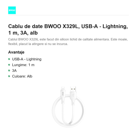 Cablu de date BWOO X329L, USB-A - Lightning, 1 m, 3A, alb [1]