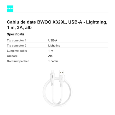 Cablu de date BWOO X329L, USB-A - Lightning, 1 m, 3A, alb [2]