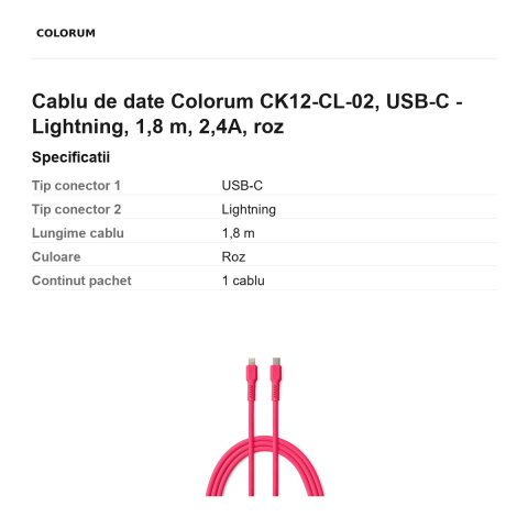 Cablu de date Colorum CK12-CL-02, USB-C - Lightning, 1,8 m, 2,4A, roz [2]