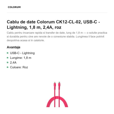 Cablu de date Colorum CK12-CL-02, USB-C - Lightning, 1,8 m, 2,4A, roz [1]