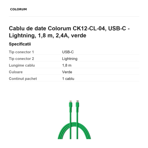 Cablu de date Colorum CK12-CL-04, USB-C - Lightning, 1,8 m, 2,4A, verde [2]