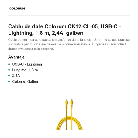 Cablu de date Colorum CK12-CL-05, USB-C - Lightning, 1,8 m, 2,4A, galben [1]