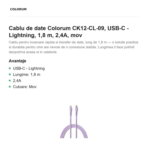 Cablu de date Colorum CK12-CL-09, USB-C - Lightning, 1,8 m, 2,4A, mov [1]