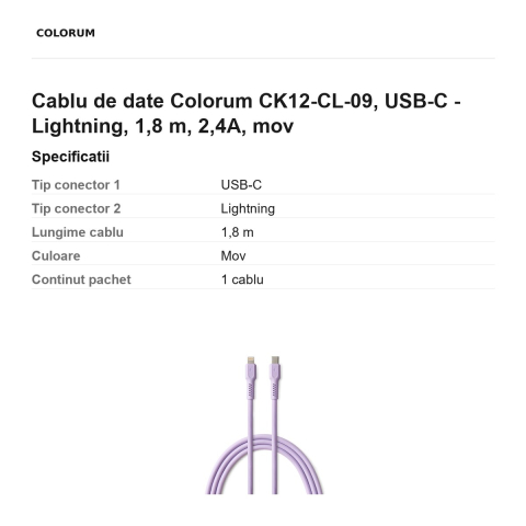 Cablu de date Colorum CK12-CL-09, USB-C - Lightning, 1,8 m, 2,4A, mov [2]