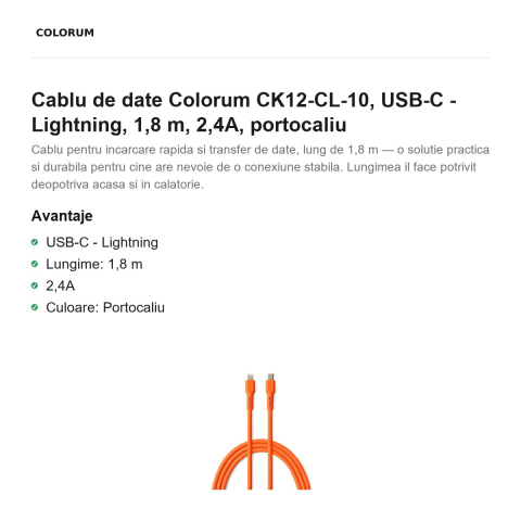 Cablu de date Colorum CK12-CL-10, USB-C - Lightning, 1,8 m, 2,4A, portocaliu [1]