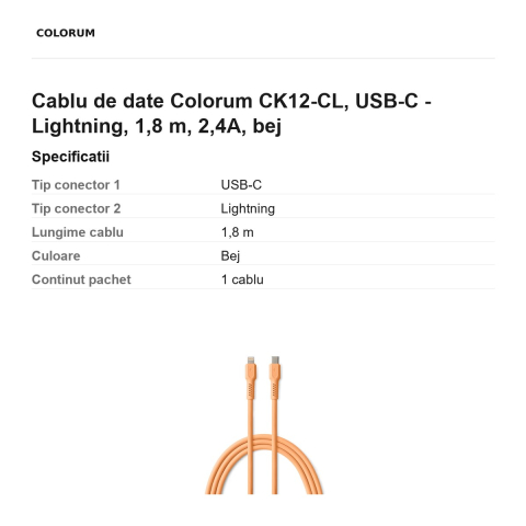 Cablu de date Colorum CK12-CL, USB-C - Lightning, 1,8 m, 2,4A, bej [2]