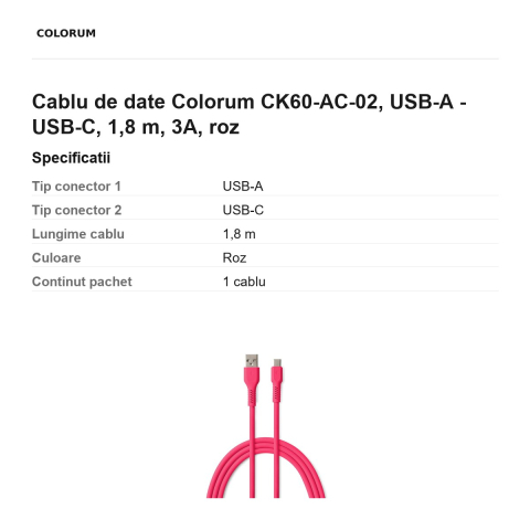 Cablu de date Colorum CK60-AC-02, USB-A - USB-C, 1,8 m, 3A, roz [2]