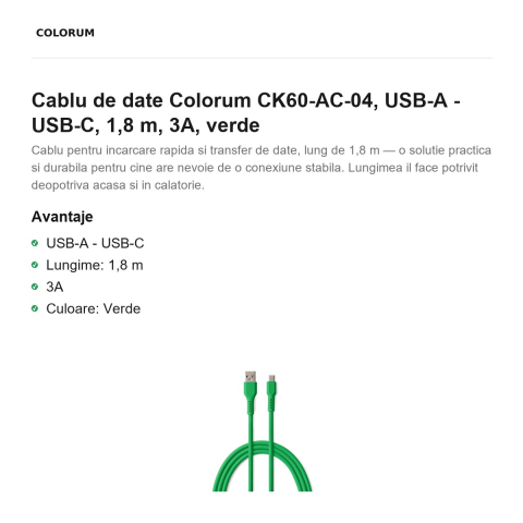 Cablu de date Colorum CK60-AC-04, USB-A - USB-C, 1,8 m, 3A, verde [1]