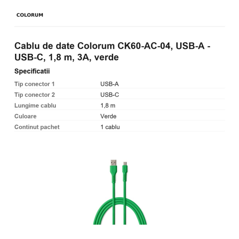 Cablu de date Colorum CK60-AC-04, USB-A - USB-C, 1,8 m, 3A, verde [2]