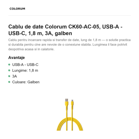 Cablu de date Colorum CK60-AC-05, USB-A - USB-C, 1,8 m, 3A, galben [1]