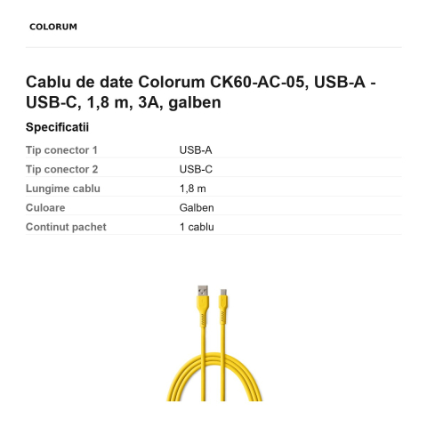 Cablu de date Colorum CK60-AC-05, USB-A - USB-C, 1,8 m, 3A, galben [2]
