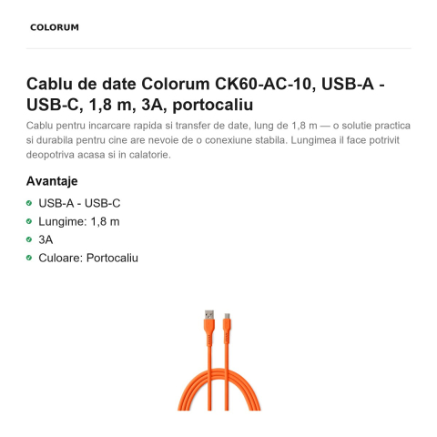 Cablu de date Colorum CK60-AC-10, USB-A - USB-C, 1,8 m, 3A, portocaliu [1]