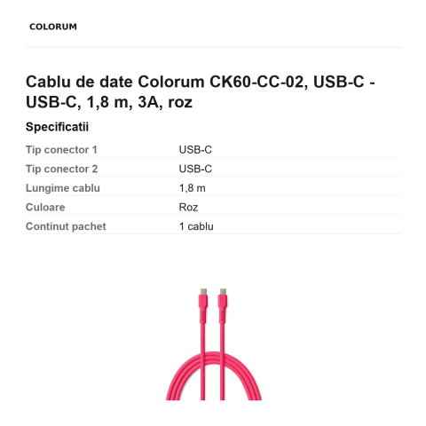 Cablu de date Colorum CK60-CC-02, USB-C - USB-C, 1,8 m, 3A, roz [2]