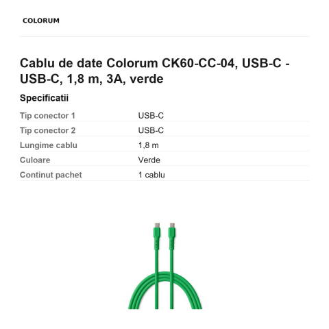 Cablu de date Colorum CK60-CC-04, USB-C - USB-C, 1,8 m, 3A, verde [2]