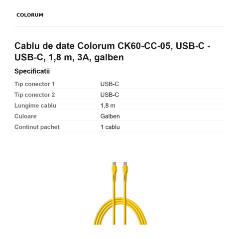Cablu de date Colorum CK60-CC-05, USB-C - USB-C, 1,8 m, 3A, galben [2]