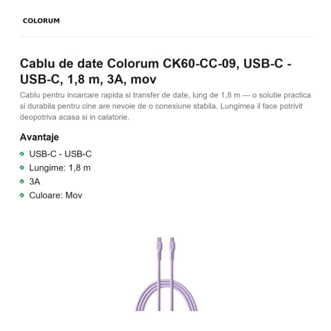 Cablu de date Colorum CK60-CC-09, USB-C - USB-C, 1,8 m, 3A, mov [1]