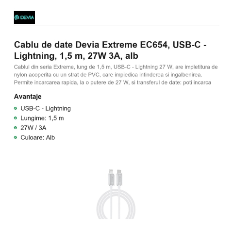 Cablu de date Devia Extreme EC654, USB-C - Lightning, 1,5 m, 27W 3A, alb [1]